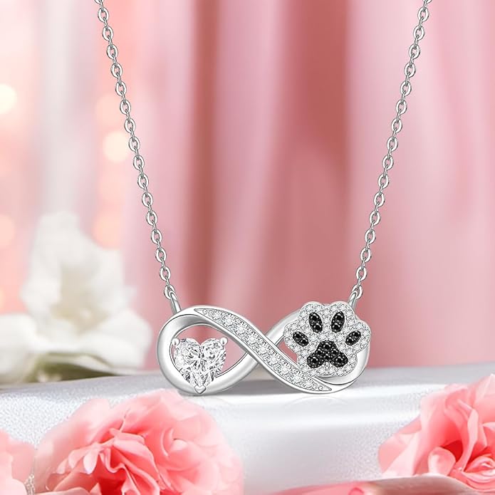 Infinity Paw Print Necklace for Women Sterling Silver Heart Cat Dog Paw Necklace Pawprint Necklaces Pendant Jewelry Christmas Mothers Day Gifts