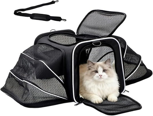 18x11x11 Inches Airline Approved Pet Carrier, 2 Sides Expandable Pet Travel Carrier, Cat/Dog Carrier Up to 15Lb with Pocket, Cat Travel Bag with Removable Fleece Pad for Puppy and Small Animals(Black)