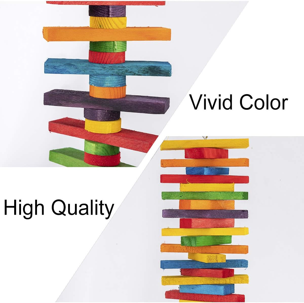 MEWTOGO 2 Pcs Bird Toys - Parrot Toys with Multicolored Natural Wooden Blocks, Chewing Sticks for Conures, Parakeets, Cockatiels, Lovebirds, African Grey, Macaws, Amazon Parrots - Bird Gift