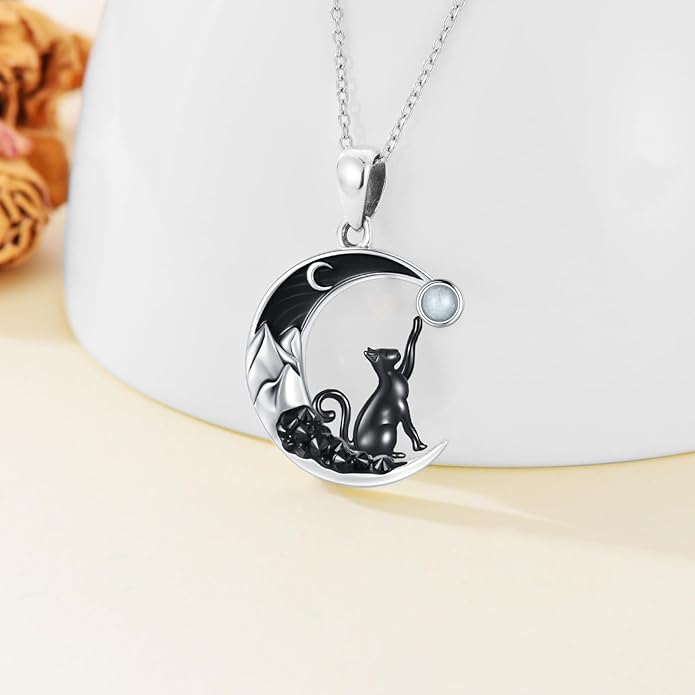 Gothic Jewelry Bat/Cat/Wolf/Dragon/Owl/Fox/Spider/Sun Pendant Sterling Silver Crescent Moon Necklace for Women Girls Black Jewelry Gifts