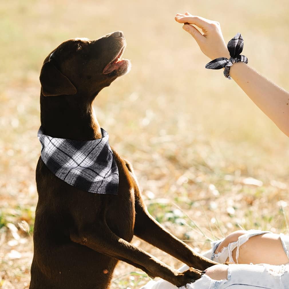 E-Clover Dog Bandanas & Matching Scrunchie Set Boy Plaid Dog Scarf Triangle Bandana Bibs for Medium Large Dog Owner Birthday Gifts Black White