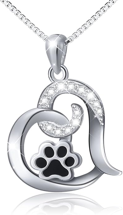 FLYOW 925 Sterling Silver Cute Paw Print Forever Love Heart Pendant Necklace/Bracelet/Stud Earrings Gift for Women, Box Chain 18"