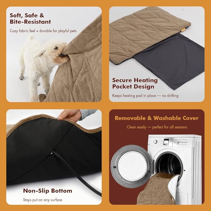 Dog Heating Pad (31"x20") - Waterproof Electric Heated Mat & Pet Bed for Indoor and Outdoor Use, Chew Resistant Cord, Machine Washable Cover with Wheat Pattern Quilting, for Cats and Pets