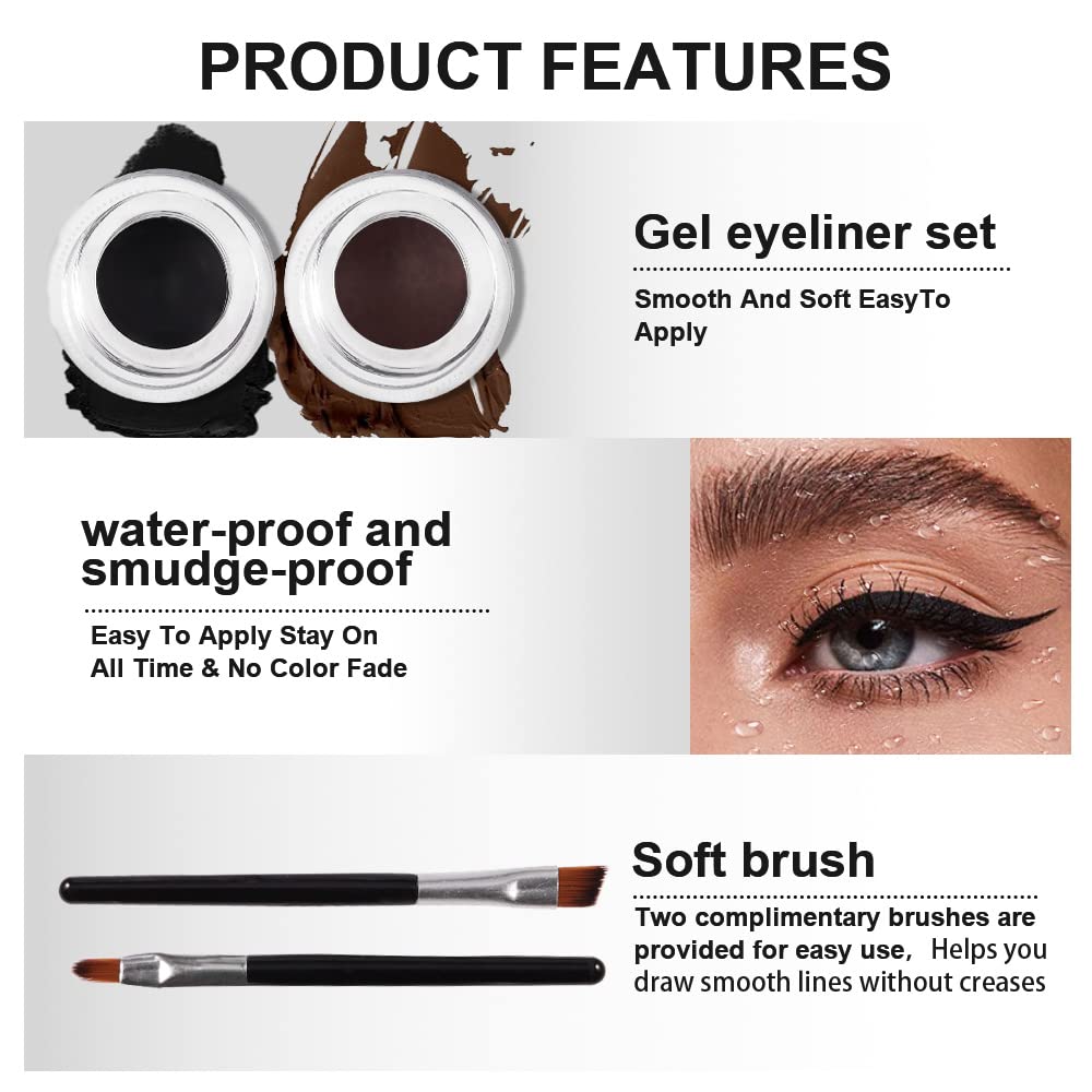 evpct 2 in 1 Black & Brown Gel Eyeliner Waterproof Smudge Proof for Waterline Eyebrow Cream Pomade Set with Brushes Long Wear delineador blanco Work Great with Eyebrow Eyeliner Face Body Paint Stick