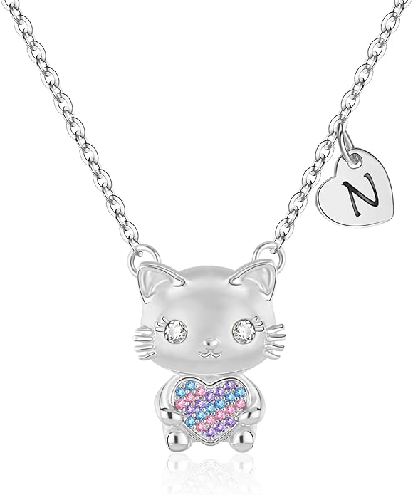 Gifts for Girls Necklace, Cat Heart Pendant Necklace for Jewelry Initial Necklace for Girl Birthday Christmas Gifts