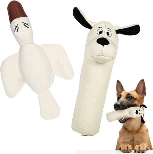 2-Pack Eco-Friendly Durable Squeaky Dog Toys – Cotton Canvas Interactive Chew Toy Set – Ducky & Dawgy (White)