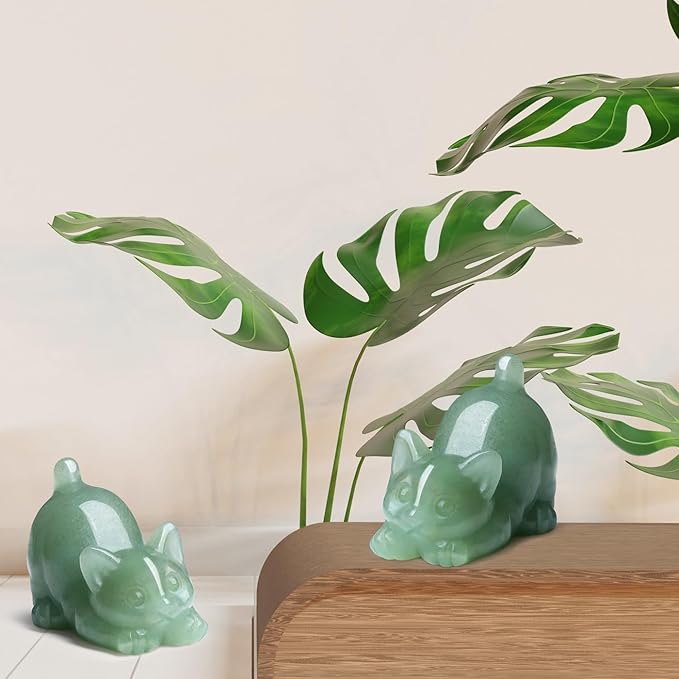 Green Aventurine Cat Crystal Statue Carved Room Decor Figurines for Natural Lazy Gemstones Home Sculpture Handcrafted Healing Stone Lucky Kitten Office Spiritual Gifts for Cat Lovers