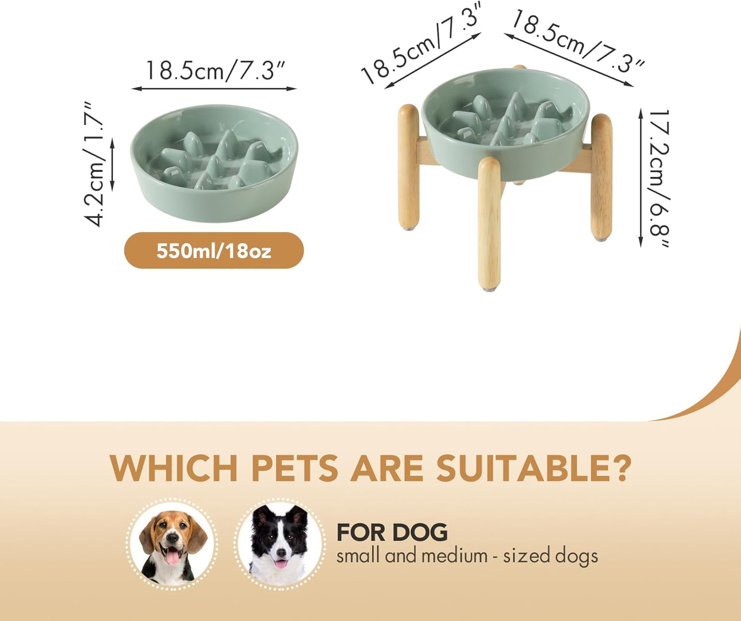 7.3inch Ceramic Dog Raised Slow Feeder Set, Elevated Bowl with Wooden Stand for Medium and Small Dog, Slow Feeder Dish for Fast Easters(Light Green, Single Bowl+ Stand)