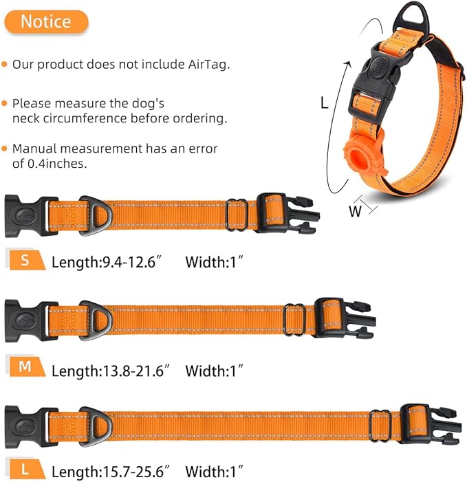 JSXD AirTag Dog Collar, Night Reflective Nylon Dog Collar for Small Medium Large Dogs,Lockable Quick Release Buckle,Padded Breathable Pet Collar with AirTag Holder (Orange, Small)