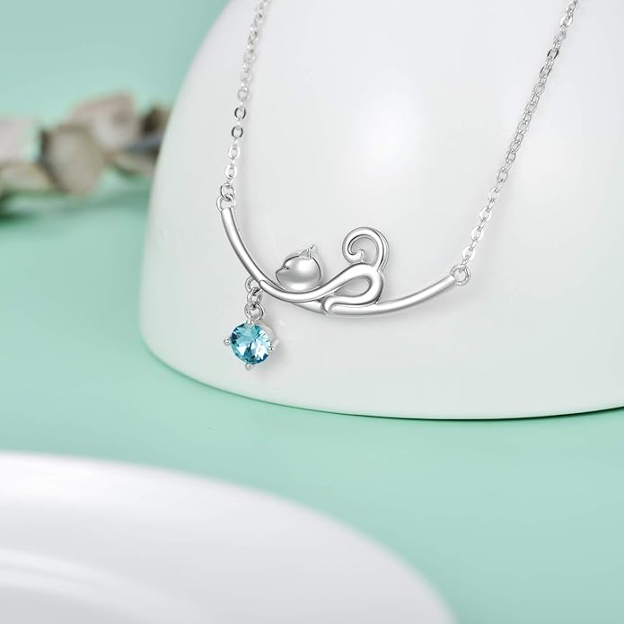 AOBOCO 925 Sterling Silver Lovely Cat Kitten Pendant Necklace with 12 Months Birthstone Crystal from Austria, Christmas Birthday Jewelry Gifts for Cat Lover