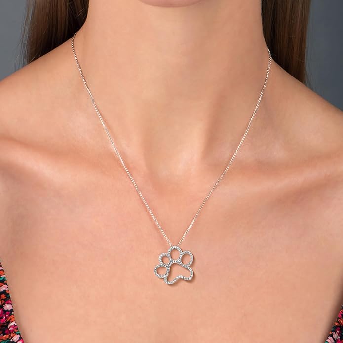 Jewelili Sterling Silver or Yellow Gold Plated Sterling Silver Dog Paw Pendant Necklace for Women | Treated Black or Natural White Round Diamonds | 18" Rolo Chain | Luxury Jewelry Gift for Her | Gift Box Included