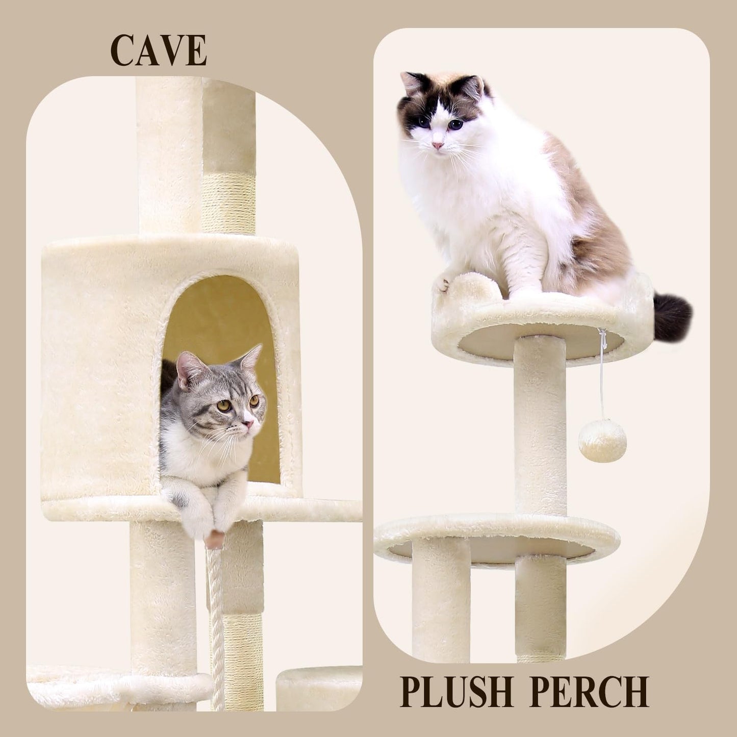 Globlazer Artistic Curved Cat Tower for Small Cats (Under 12 lbs), 81-inch Slim Design Cat Tree with Space-Saving Design, Indoor Cat Condo with Hammock & Tunnel, C81, Beige, Non-Large Cats