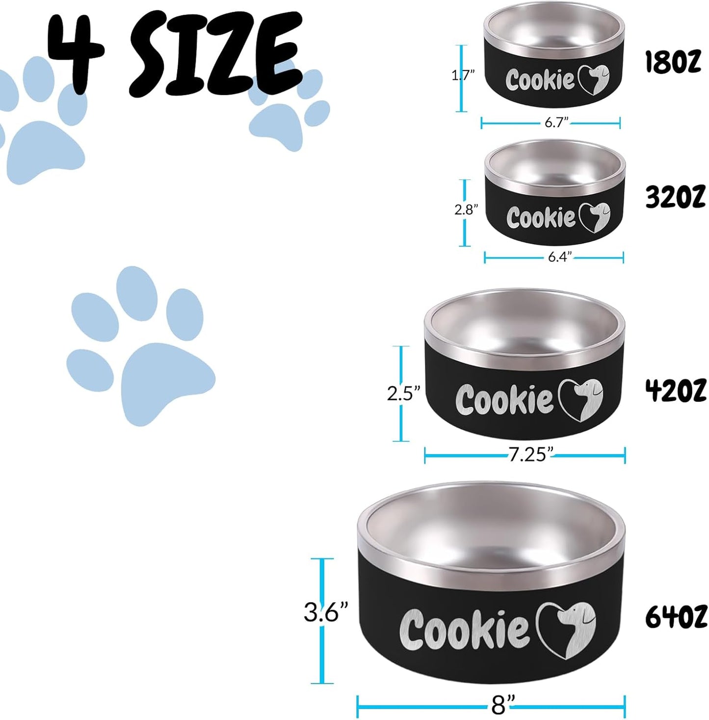 18OZ Personalized Dog Bowl Laser Engraved Custom Pet Name 18/32/42/64 oz No Slip Stainless Steel Insulated Bite-Resistant Food Water Dishes-Black