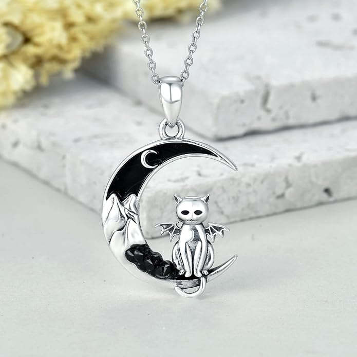Gothic Jewelry Bat/Cat/Wolf/Dragon/Owl/Fox/Spider/Sun Pendant Sterling Silver Crescent Moon Necklace for Women Girls Black Jewelry Gifts