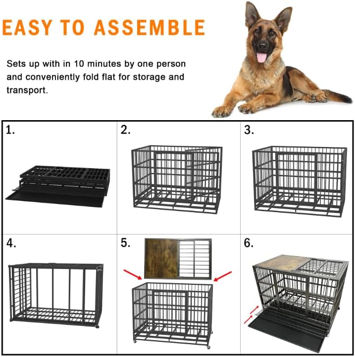 48/38 Inch Heavy Duty Funiture Dog Crate with Wheels, Indestructible and Escape Proof Wooden Kennel Indoor for High Anxiety Dogs with Sturdy Locks, Double Door and Tray, Extra Large XL XXL