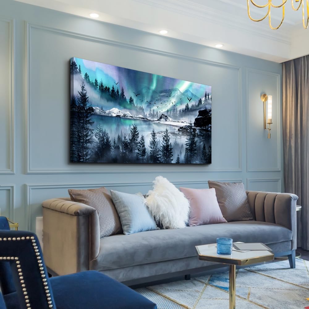hyidecorart Large Wall Decorations For Office Canvas Wall Art For Living Room Stretched And Framed Canvas Prints Paintings Blue Aurora Scenery Wall Pictures Artwork Ready To Hang Hotel Mural 48x24