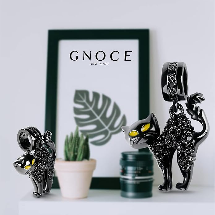 GNOCE Black Cat Charm 925 Sterling Silver Naughty Cat Pendant Charms for Bracelet/Necklace Jewelry Gift for Women