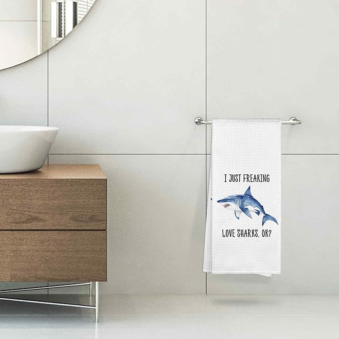 I Just Freaking Love Sharks Kitchen Towels Decorative Gifts for Shark Lovers 16x24, Shark Dish Towel Cloths Dishcloths Tea Towel, Shark Bathroom Kitchen Hand Towel Decor