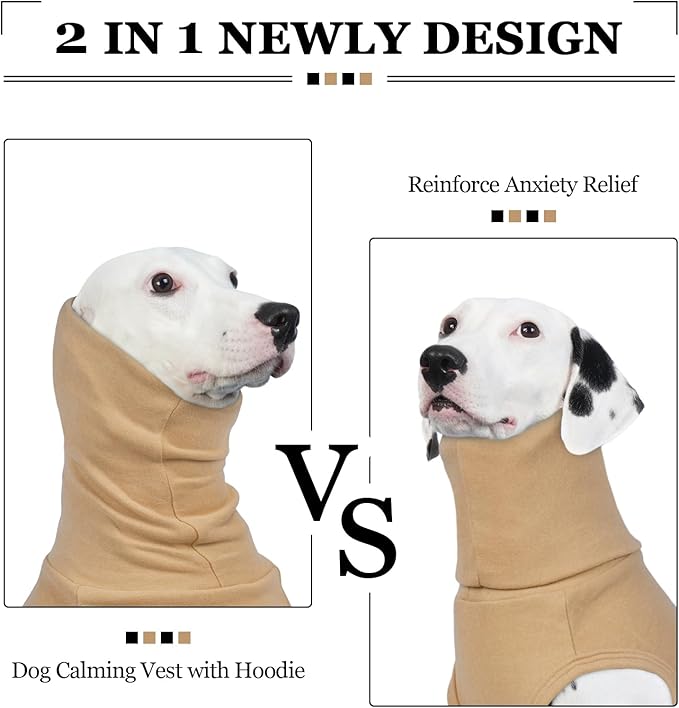 ROZKITCH Dog Anxiety Jacket Vest with Hoodie Soft Ears Cover, Warm Anxiety Jacket Shirt for Medium Dogs for Fireworks Travel Vet Visit 4th of July Holiday Christmas Khaki L