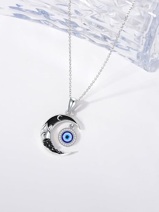 Gothic Jewelry Bat/Cat/Wolf/Dragon/Owl/Fox/Spider/Sun Pendant Sterling Silver Crescent Moon Necklace for Women Girls Black Jewelry Gifts