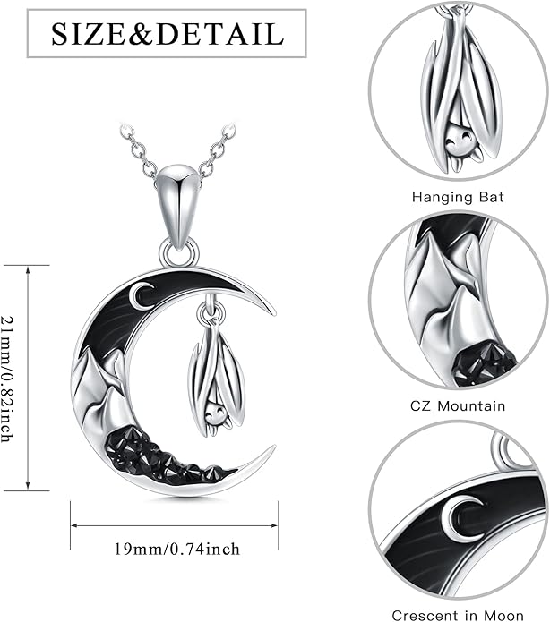 Gothic Jewelry Bat/Cat/Wolf/Dragon/Owl/Fox/Spider/Sun Pendant Sterling Silver Crescent Moon Necklace for Women Girls Black Jewelry Gifts