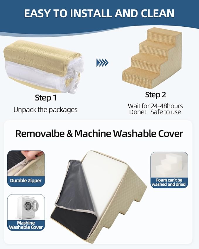 Dog Stairs for Small Dogs,22" H,5-Step Dog Steps for Bed and Couch with High Density Foam,Non-Slip Pet Steps for Doggy and Cat,Pet Stairs with a Washable Cover,Khaki