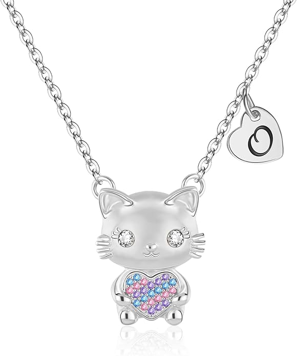 Gifts for Girls Necklace, Cat Heart Pendant Necklace for Jewelry Initial Necklace for Girl Birthday Christmas Gifts