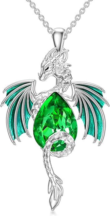 Dragon Necklace for Men Sterling Silver Birthstone Wyvern Necklace Embllished with Teardrop Shaped Crystal Jewelry for Women