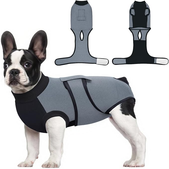 Idepet Dog Recovery Suit Female,Dogs Onesie Suit Surgery Male Breathable Pet Bodysuit for Spay Neuter E-Collar & Cone Alternative Surgical Suit Puppy Abdominal Anti Licking Wounds Shirt (Gray, M)