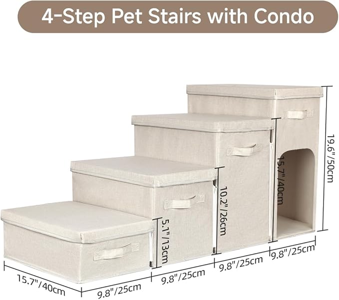 Dog Stairs with Storage, Folding Pet Steps with Zip for Small Dogs and Cats, 4-Step Pet Stairs with Pet House for High Bed, Couch and Car Ramp, Up to 200 Lbs (Beige, 4 Steps with Condo)