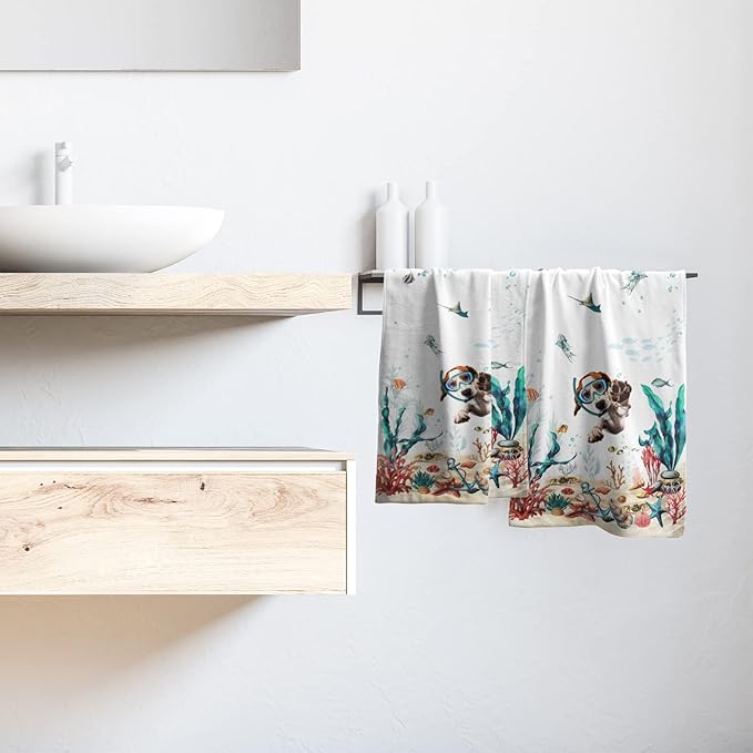 Funny Dog Hand Towels Set of 2 Teal Blue Sea Ocean Small Bath Towels Soft Absorbent Decorative Towels for Kitchen Dish Spa Yoga Guest