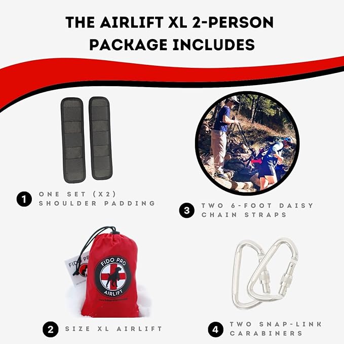 Fido Pro Airlift Emergency Dog Rescue Sling - XL 2 Person Carry System for Extra Large Dogs - Adjustable Shoulder Padding - Lightweight, Packable Dog Sling for Hiking, Skiing - Fits Dogs 70-160 lbs