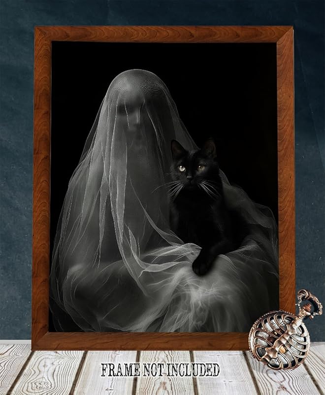 Ghost with a Black Cat Halloween Poster - Dark Academia Gothic Home Decor, Eerie Mystery Figure Art Print for Halloween Enthusiasts and Unique Wall Art Collectors (Stretched Canvas, 18" x 24")