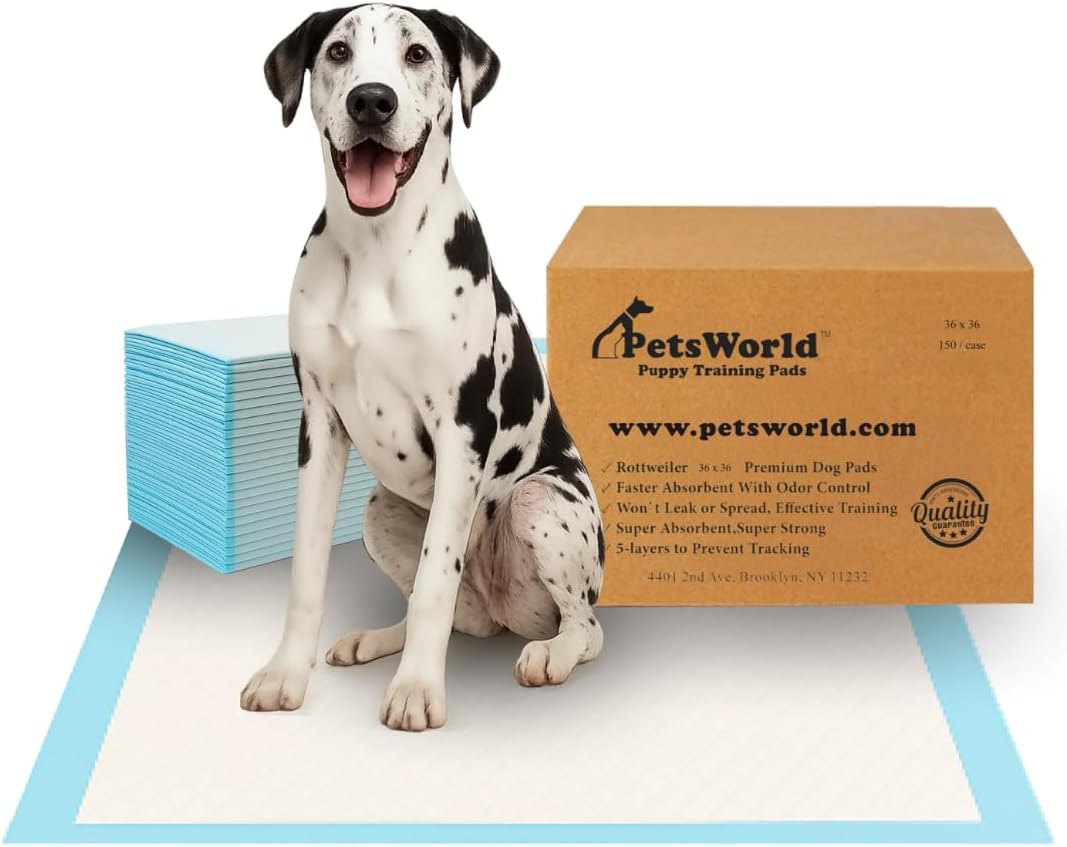 PETSWORLD Giant Dog Potty Pads, Odor-Eliminating, 36" x 36", Ultra Absorbent 5-Layer Leak-Proof Training Pads for Dogs & Cats (36x36, 150 Count)
