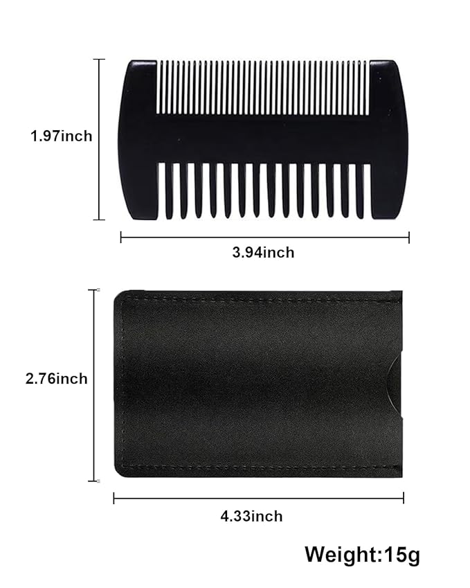 4 Pack Double-Sided Pocket Comb, Wooden Dual Action Beard and Mustache Comb Set with Leather Cases for Beards and Mustaches, Everyday Styling Comb For Detangling Knots (Black lacquer)
