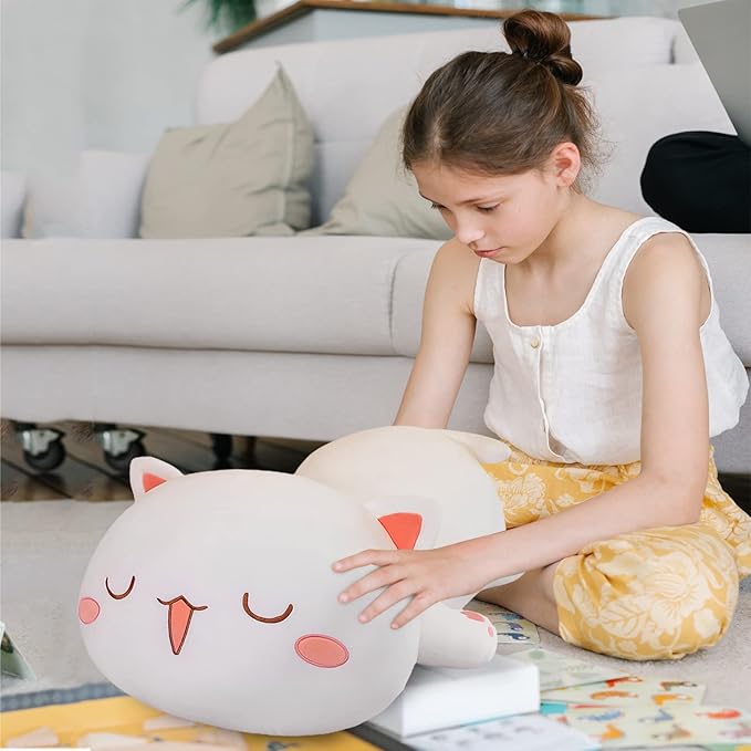 FUYU Cat Stuffed Animals, Soft Cat Plush Pillow Kawaii Kitten Stuffed Animal Toy Gifts for Kids Boys Girls Room Decor (White Squinted Eyes,15in/37cm)