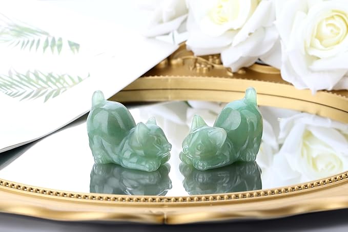 Green Aventurine Cat Crystal Statue Carved Room Decor Figurines for Natural Lazy Gemstones Home Sculpture Handcrafted Healing Stone Lucky Kitten Office Spiritual Gifts for Cat Lovers