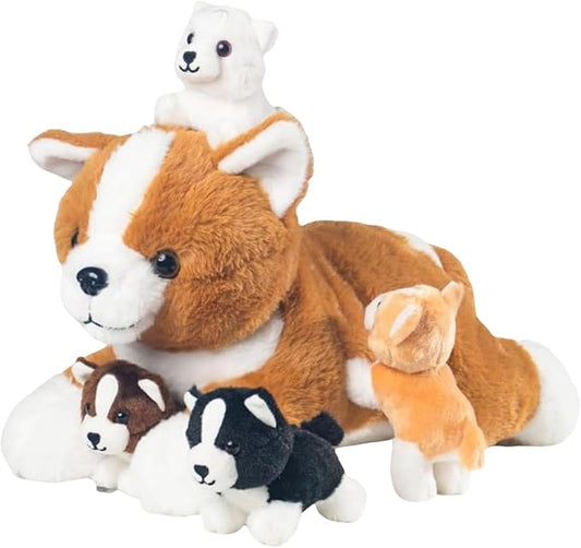 5 Pieces Dog Stuffed Animal, Corgi Stuffed Animal with Babies Inside - 1 Mommy Stuffed Dog Plush Toy with 4 Puppies, Puppy Stuffed Animals Surprise for Kids Boys Girls Easter Birthday Christmas Party