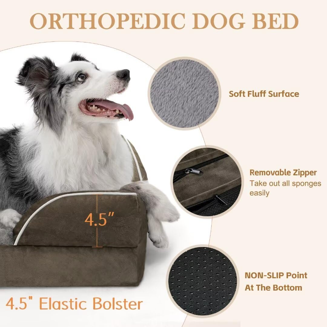 Comfort Expression Orthopedic Memory Foam Dog Beds, Waterproof Dog Beds Large Sized, Washable Dogs Beds with Removable Cover, Pet Sofa Couch with Bolster(Large,Olive Green)