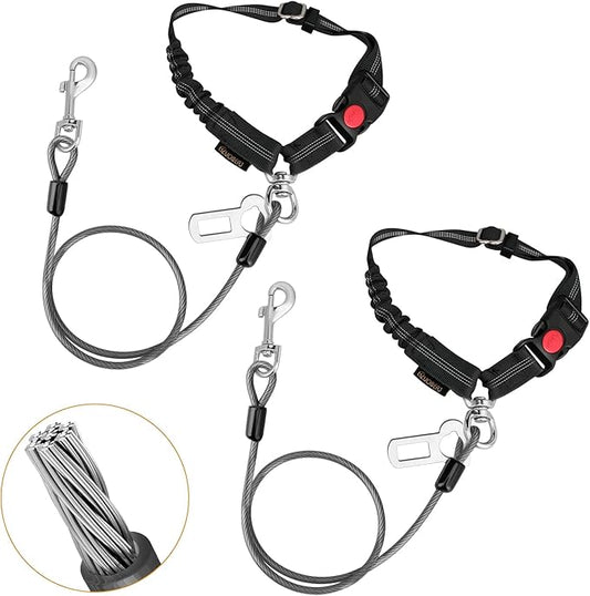 Chew Proof Dog Car Seat Belt, 2 in 1 Steel Cable Dog Car Accessories Headrest Restraint Doggie Car Seatbelt for Medium Large Dogs Chewer Heavy Duty Dog Seatbelts for Cars Swivel Attach