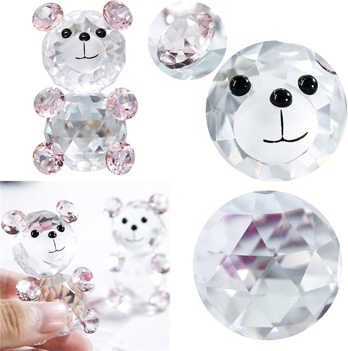 H&D Pink 3D Little Bear Crystal Figurine Paperweights Glass Xmas Decor