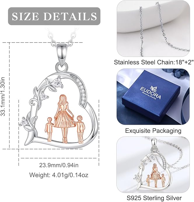 EUDORA Sterling Silver Mother Daughter Necklace for Women, Mama Son Daughter Necklace Pendant for Mom and Daughter,Mom Jewelry from Daughter Mother's Day Gift for Mother Daughter Aunt Grandma
