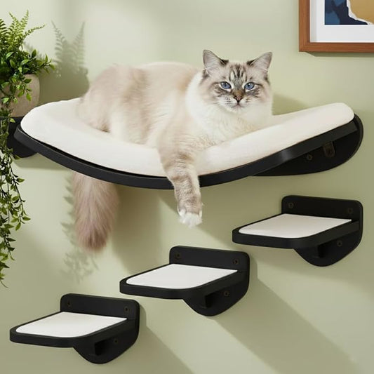 Cat Wall Shelves, Black Finish – Floating Cat Furniture with Curved Bed & Steps | Modern Minimalist Wood Climbing Shelves Set of 4 for Indoor Cats, Sturdy Wall-Mounted Design