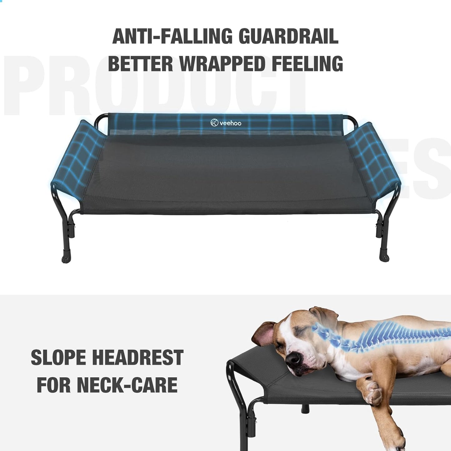 Veehoo Cooling Elevated Dog Bed, Raised Pet Cot with Guardrail & Slope Headrest, Durable & Breathable Teslin Mesh, Non-Slip Feet, Washable Dog Sofa Bed for Indoor & Outdoor, Large 47" x 32", Black