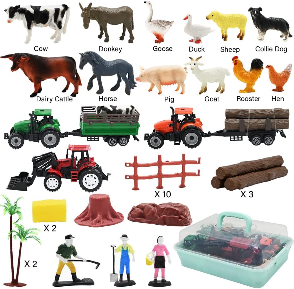Farm Animals Figures Playset, 40 Pcs Farm Toy Tractor with Plastic Farm Animals Figurines, Farmer and Fence Farm Playset, Farm Figures Farmer Truck Toy with Trailer for Kids Boys Girls Toddlers 3+