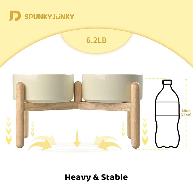 SPUNKYJUNKY Ceramics Elevated Dog Bowls with Wooden Stand - Raised Double 60OZ Cream White Bowls for Medium Large Dogs