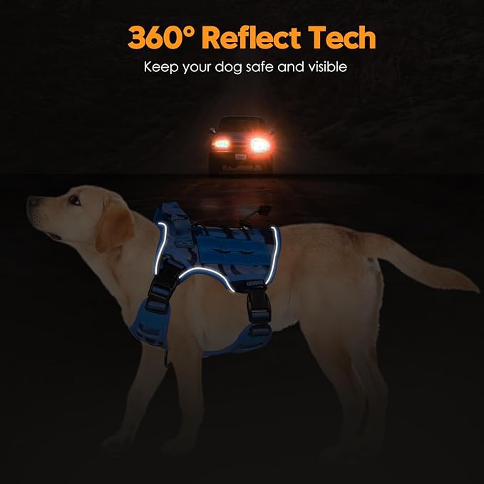 Heavy-Duty Tactical Dog Harness for Large Dogs, No Pull Adjustable Reflective Pet Vest with Molle System, K9 Military-Grade Control for Service Training, Outdoor & 10+ Breeds, Blue Camo, Medium