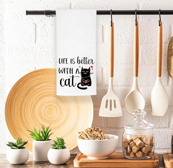 EXUQO Cat Mom Gifts - Funny & Cute Cat Dish Towels, Decorative Hand Towels for White Kitchen