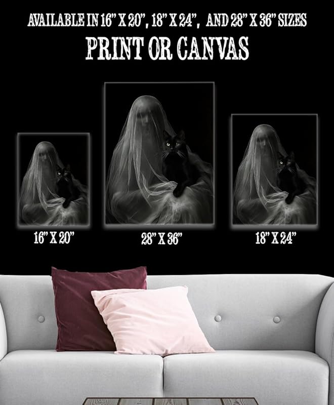 Ghost with a Black Cat Halloween Poster - Dark Academia Gothic Home Decor, Eerie Mystery Figure Art Print for Halloween Enthusiasts and Unique Wall Art Collectors (Stretched Canvas, 18" x 24")
