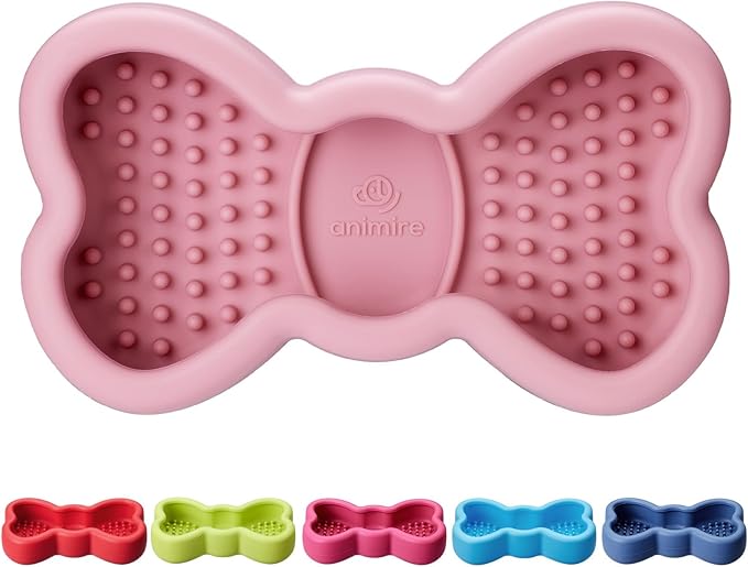 Lick Mat for Dogs, Animire Anti-Spilled Bow Tie Lick Bowls for Anxiety Relief, Silicone Slow Feeder Licking Pad with Suction Cups, Freezeable Dog Enrichment Toy for Boredom and Distraction(Pink,L)
